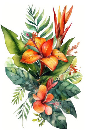 Watercolor tropical bouquet with hibiscus flowers and palm leavesの素材