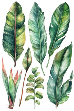 Watercolor set of tropical leaves. Hand drawn illustration isolated on white backgroundの素材
