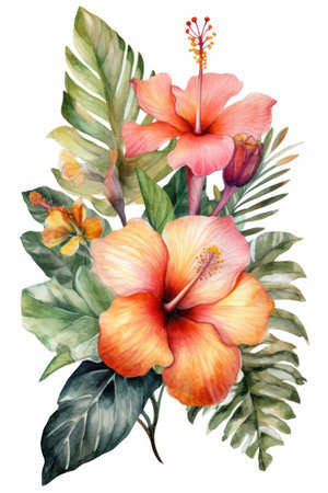 Beautiful vector image with nice watercolor hibiscus flowersの素材