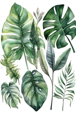 Watercolor set of tropical leaves. Hand drawn illustration isolated on white backgroundの素材
