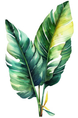 Watercolor tropical banana leaves, isolated on white background. Hand painted illustration.の素材
