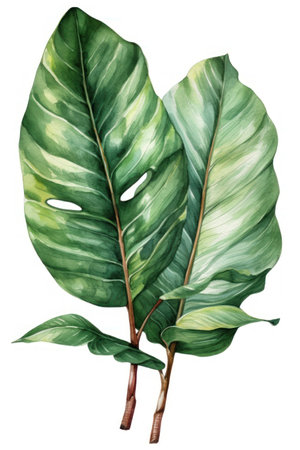 Watercolor monstera leaves isolated on white background. Hand drawn illustration.の素材