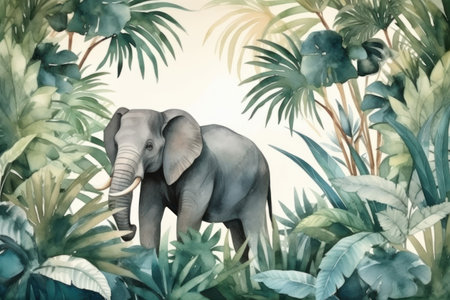 Watercolor illustration of an elephant in the jungle with palm leaves.の素材