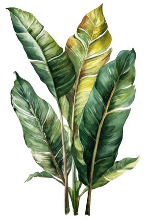 Watercolor banana leaves isolated on white background. Hand drawn illustration.の素材