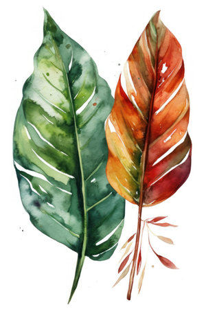 Watercolor tropical leaves on a white background. Hand-drawn illustrationの素材