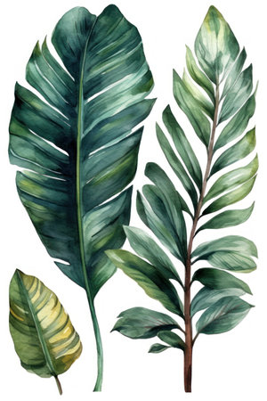 Tropical leaves. Hand drawn watercolor illustration on white backgroundの素材