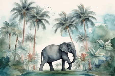 Watercolor painting of an elephant on a tropical island with palm treesの素材