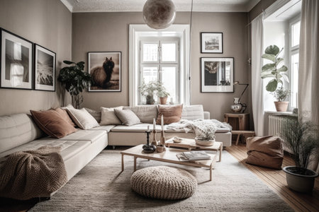 Living room interior with sofa, coffee table, books, pillows and plantsの素材