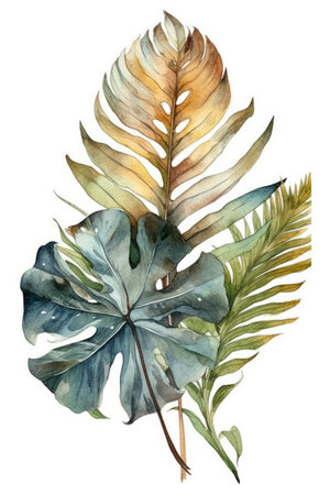 Tropical palm leaves, watercolor illustration on a white backgroundの素材