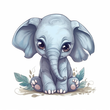 Cute cartoon baby elephant sitting on the ground. Vector illustration.の素材