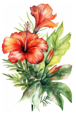 Beautiful vector image with nice watercolor hibiscus flowersの素材