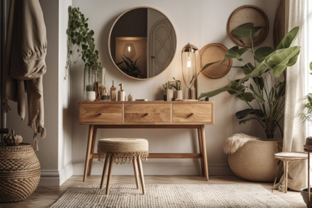 Interior of living room with wooden chest of drawers and mirrorの素材