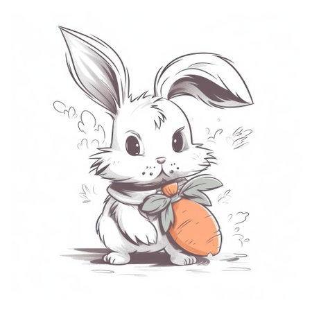 Cute cartoon bunny with a big carrot on a white background.の素材