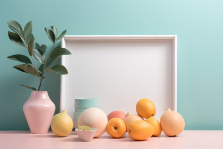 Photo frame mockup with citrus fruits on pastel turquoise backgroundの素材