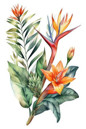 Watercolor tropical bouquet with strelitzia. Hand painted illustration.の素材