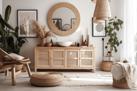 Stylish bathroom interior with wooden commode, mirror and armchairの素材