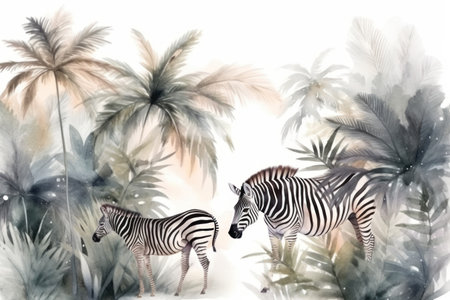 Watercolor illustration of two zebras and palm trees on a white backgroundの素材