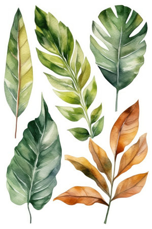 Watercolor set of tropical leaves. Hand painted illustration isolated on white backgroundの素材
