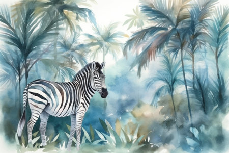 Watercolor illustration of a zebra in the jungle with palm treesの素材
