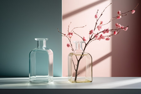 Still life with blooming branch of sakura and glass bottles on white tableの素材