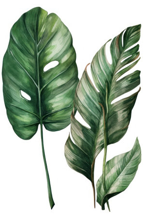 Watercolor tropical monstera leaves isolated on white background. Hand drawn illustration.の素材