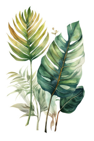Tropical leaves, watercolor illustration on a white background.の素材