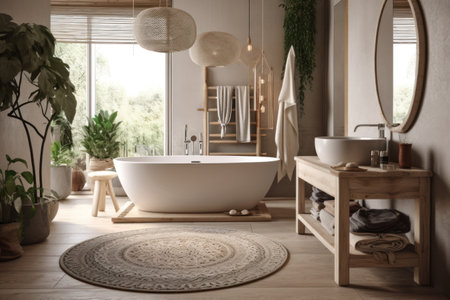 Modern bathroom interior with comfortable bathtub, panoramic window and wooden furnitureの素材