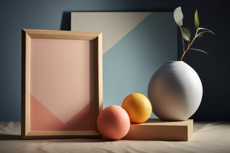 Wooden frame and vase with easter eggs on wooden tableの素材