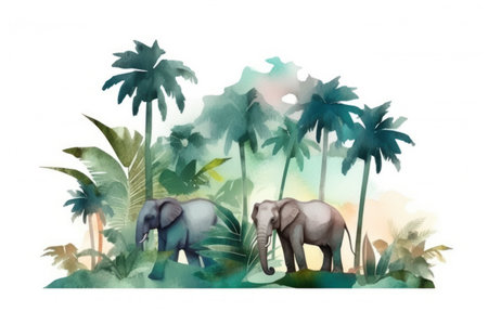 Watercolor tropical landscape with palm trees and elephants. Hand painted illustrationの素材