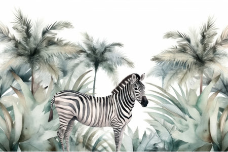 Watercolor illustration of a zebra in a tropical jungle with palm treesの素材