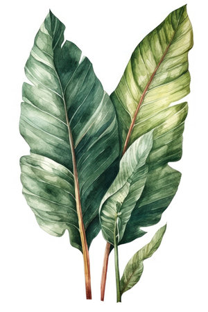 Watercolor tropical banana leaves isolated on white background. Hand drawn illustration.の素材