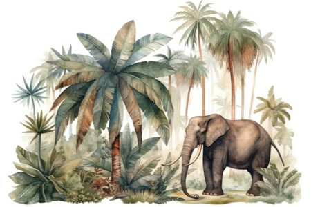 Watercolor illustration of an elephant in the jungle with palm trees.の素材
