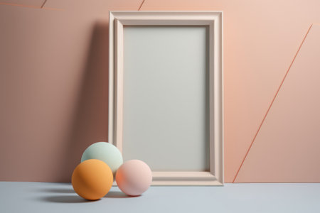 3d render of an empty picture frame with three balls on the wallの素材