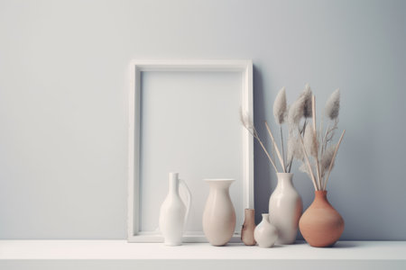 White frame mockup, vases with dry reeds on shelf against wall.の素材