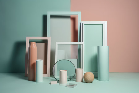 3d render of minimal geometric shapes composition in pastel colors. Abstract background.の素材