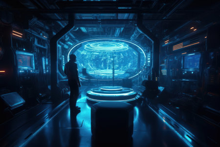 Futuristic dark blue spaceship interior with glowing neon portal. Future concept. 3D Renderingの素材