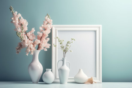 White frame mockup with flowers in vase. 3d renderingの素材