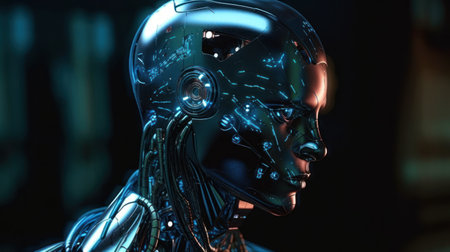 3d rendering humanoid robot with glowing eyes in dark space, artificial intelligence conceptの素材