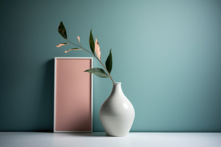 Vase with plant on table against blue wall. 3d renderingの素材