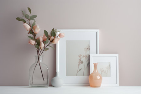 Vase with flowers and photo frames on white wooden table against pastel wallの素材