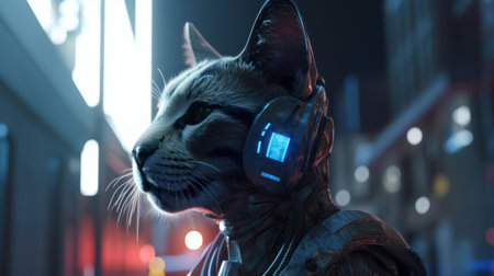 Sci-fi scene with a cat wearing a virtual reality headsetの素材