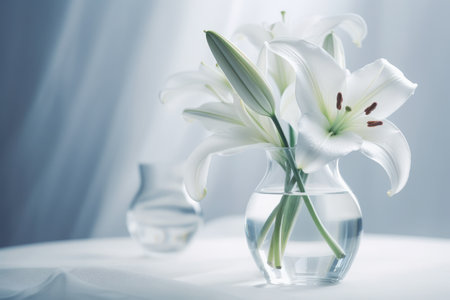 White lily in a vase on a background of white curtainsの素材