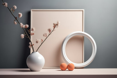 White vase with flowers, mirror and eggs on the table. 3d renderingの素材