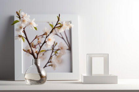 Blooming branches of cherry in a vase and two photo frames on a white tableの素材
