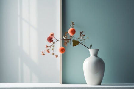 Vase with dried flowers on shelf near color wall, interior design conceptの素材