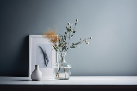 Vase with dried flowers and picture frame on table against grey wallの素材