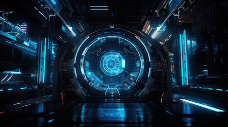 futuristic scifi tunnel corridor with glowing lights 3d rendering wallpaper backgroundの素材