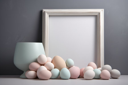 Easter composition with eggs and blank frame on gray wall background.の素材