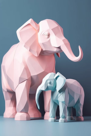Paper origami elephant and elephant on blue background. Minimal style.の素材