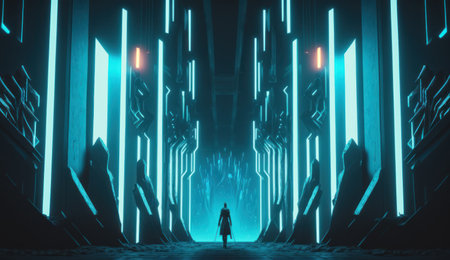 Futuristic dark corridor with neon lights, 3d render illustrationの素材